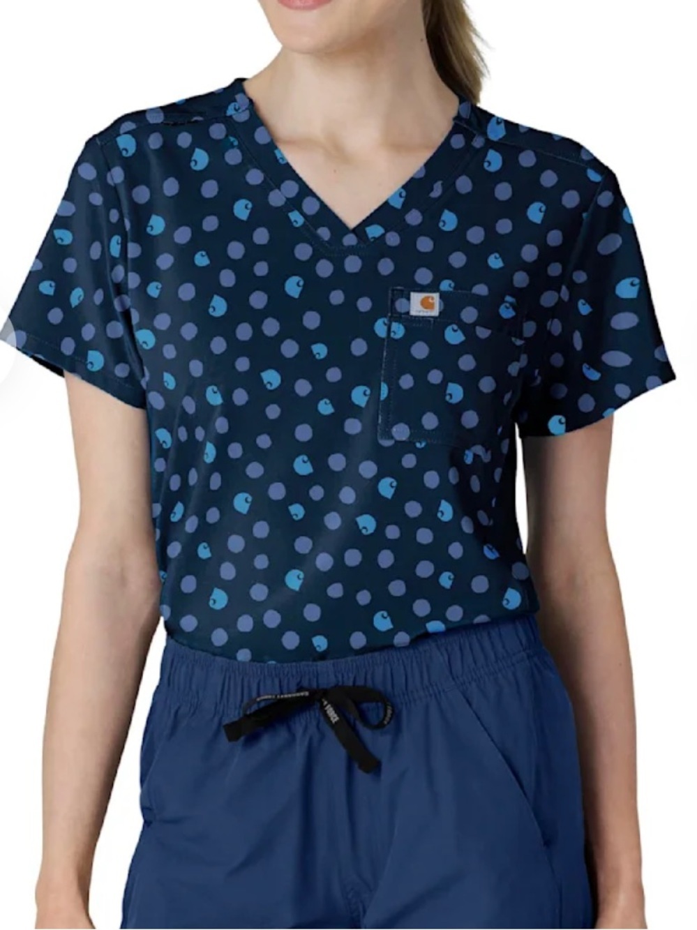 Carhartt Navy V-Neck Polka Dot Short Sleeve Scrub Top, Large